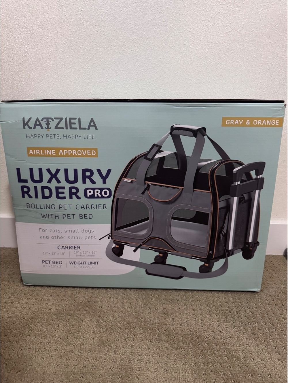 Katziela Luxury Rider Pro Rolling Pet Carrier with Pet Bed Gray & Orange
